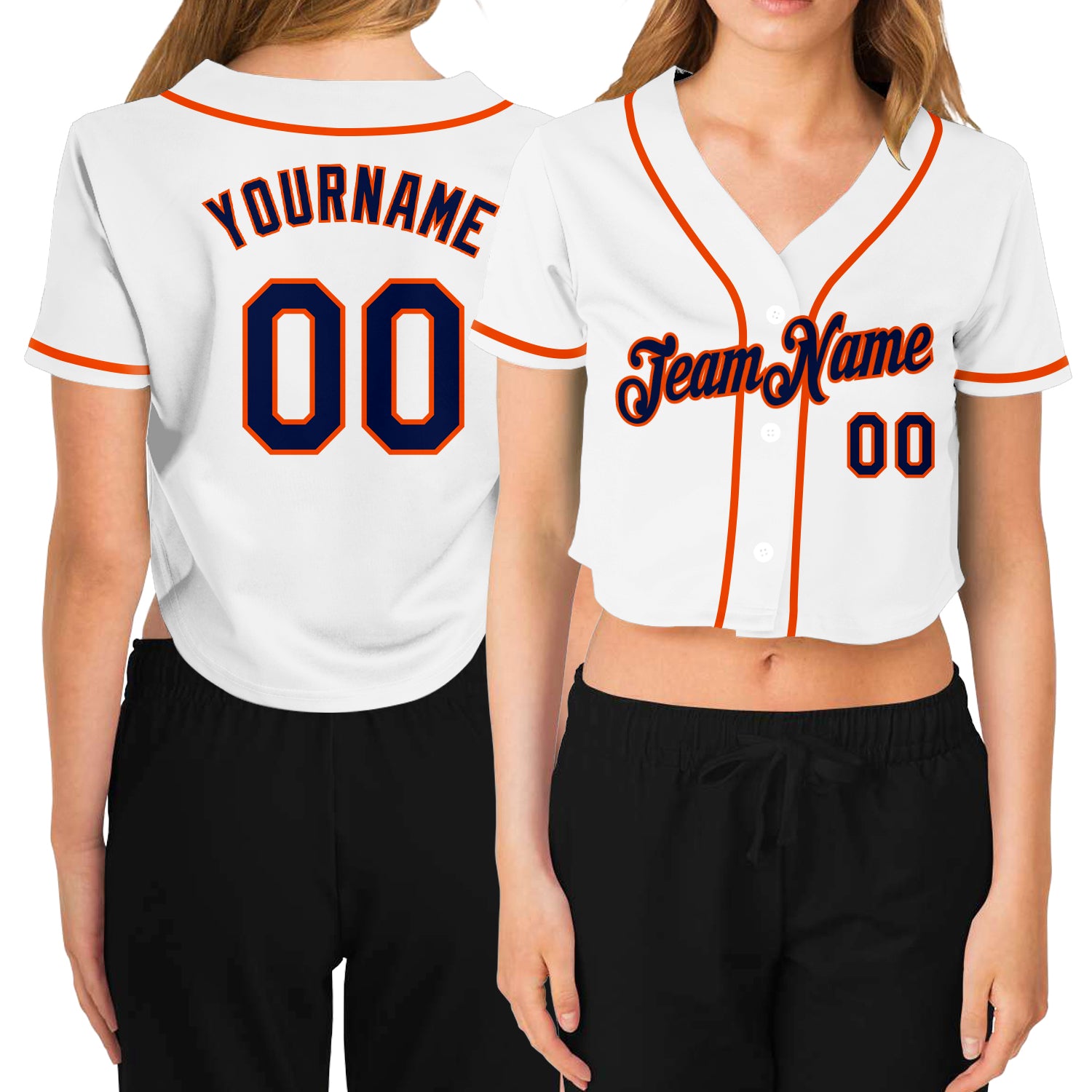 Womens Custom V-Neck Baseball Jersey - White Navy-Orange Cropped Style Custom Women's White Navy-Orange V-Neck Cropped Baseball