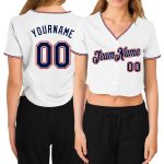 Custom Womens Baseball Jersey - V-Neck Cropped Design in White, Navy, and Red Custom Women's White Navy-Red V-Neck Cropped