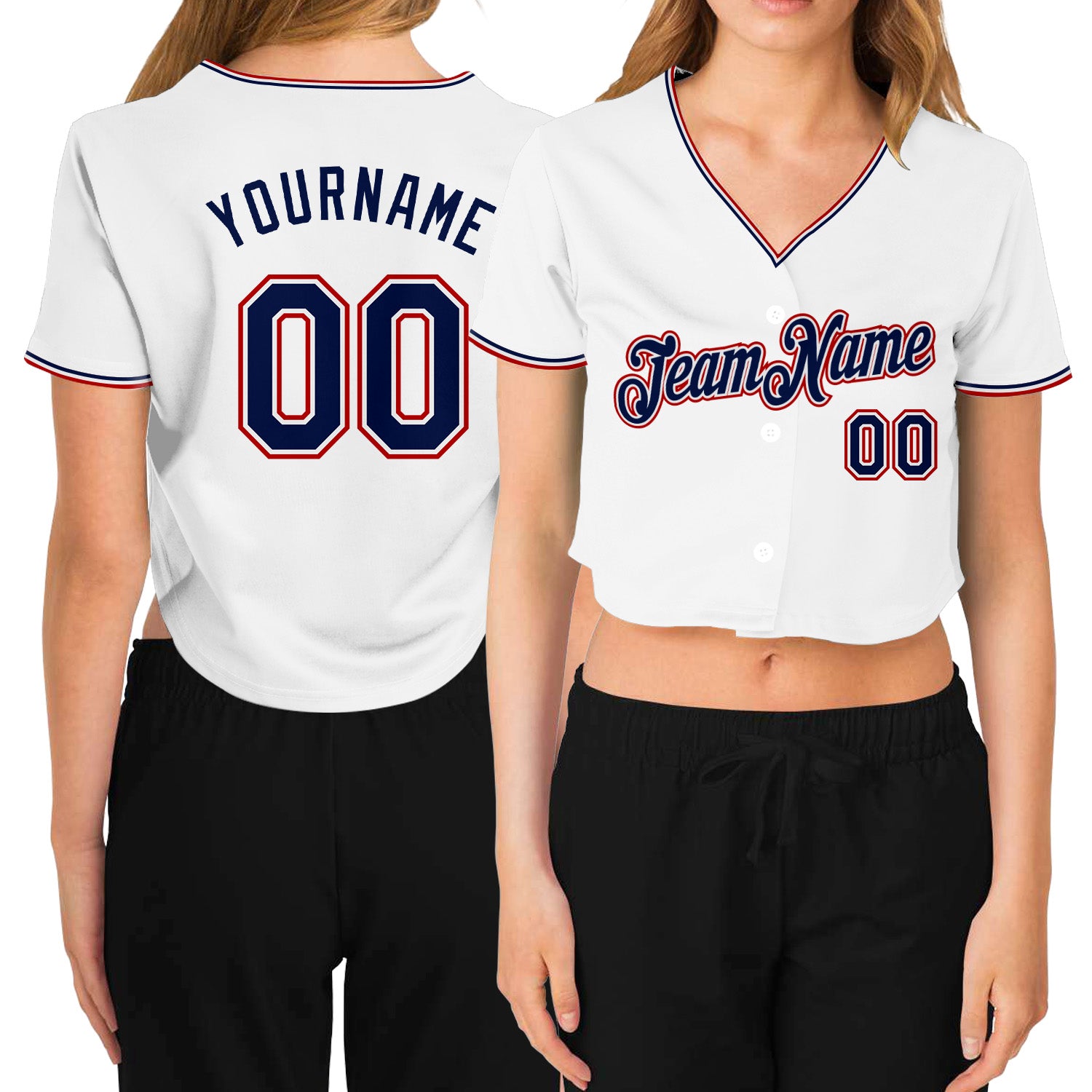 Custom Womens Baseball Jersey - V-Neck Cropped Design in White, Navy, and Red Custom Women's White Navy-Red V-Neck Cropped