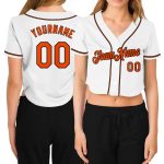 Custom Womens V-Neck Cropped Baseball Jersey - White Orange Black Design Custom Women's White Orange-Black V-Neck Cropped