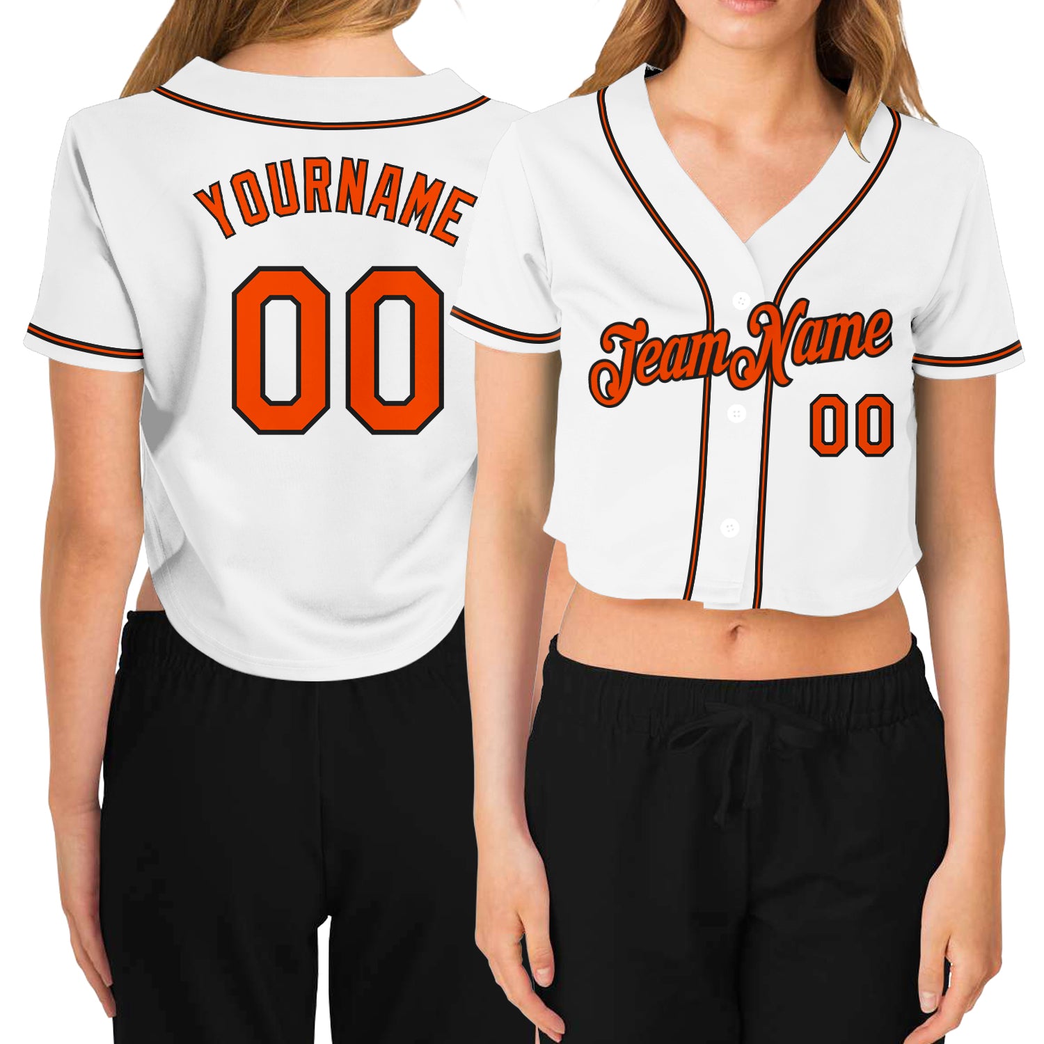 Custom Womens V-Neck Cropped Baseball Jersey - White Orange Black Design Custom Women's White Orange-Black V-Neck Cropped