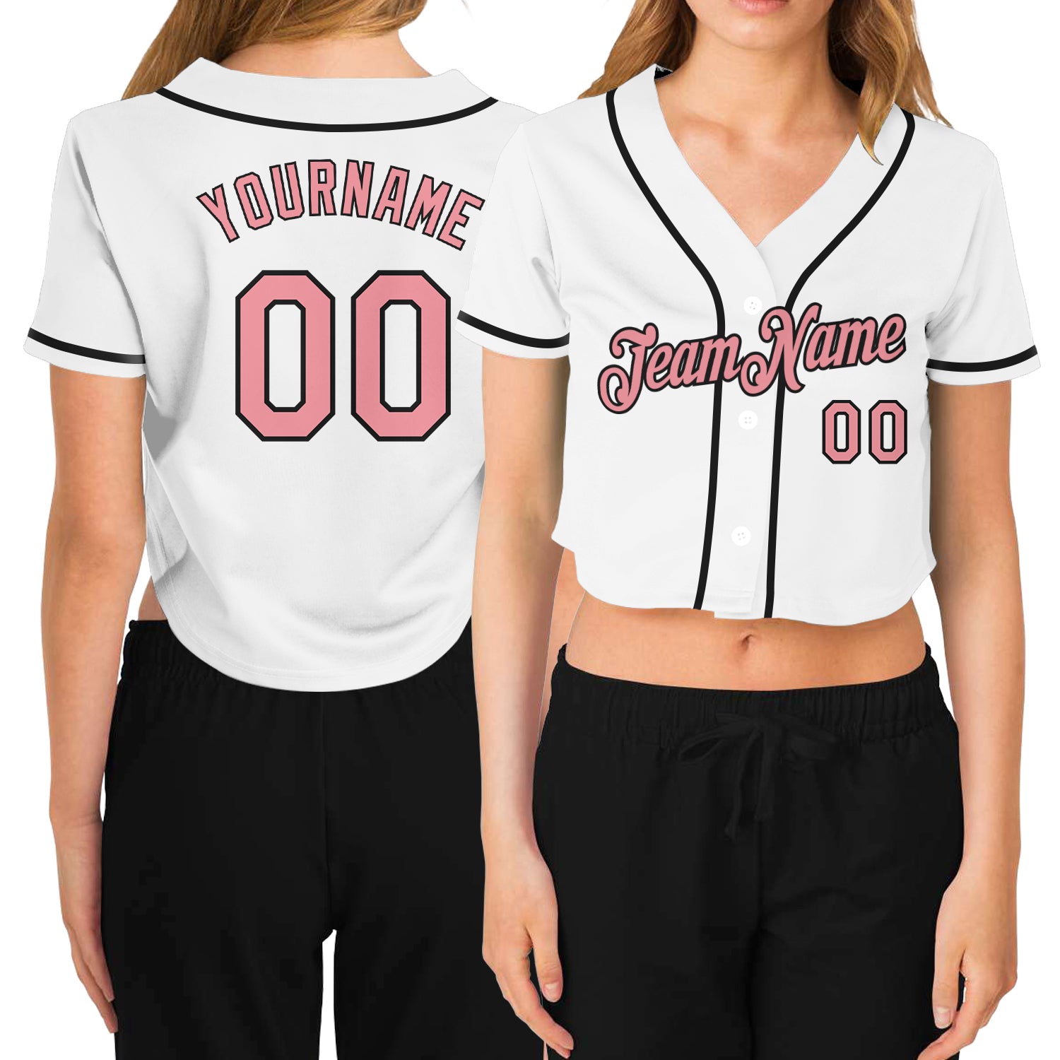 Custom White Pink Black Baseball Jersey for Women - V-Neck Cropped Design Custom Women's White Pink-Black V-Neck Cropped