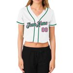 Womens Custom V-Neck Cropped Baseball Jersey - White Pink-Green Design Custom Women's White Pink-Green V-Neck Cropped Baseball - Image 2