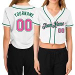 Womens Custom V-Neck Cropped Baseball Jersey - White Pink-Green Design Custom Women's White Pink-Green V-Neck Cropped Baseball