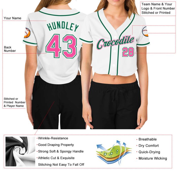 Womens Custom V-Neck Cropped Baseball Jersey - White Pink-Green Design Custom Women's White Pink-Green V-Neck Cropped Baseball - Image 3