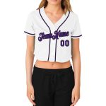 Custom Womens V-Neck Baseball Jersey in White Purple-Black, Cropped Style Custom Women's White Purple-Black V-Neck Cropped - Image 2