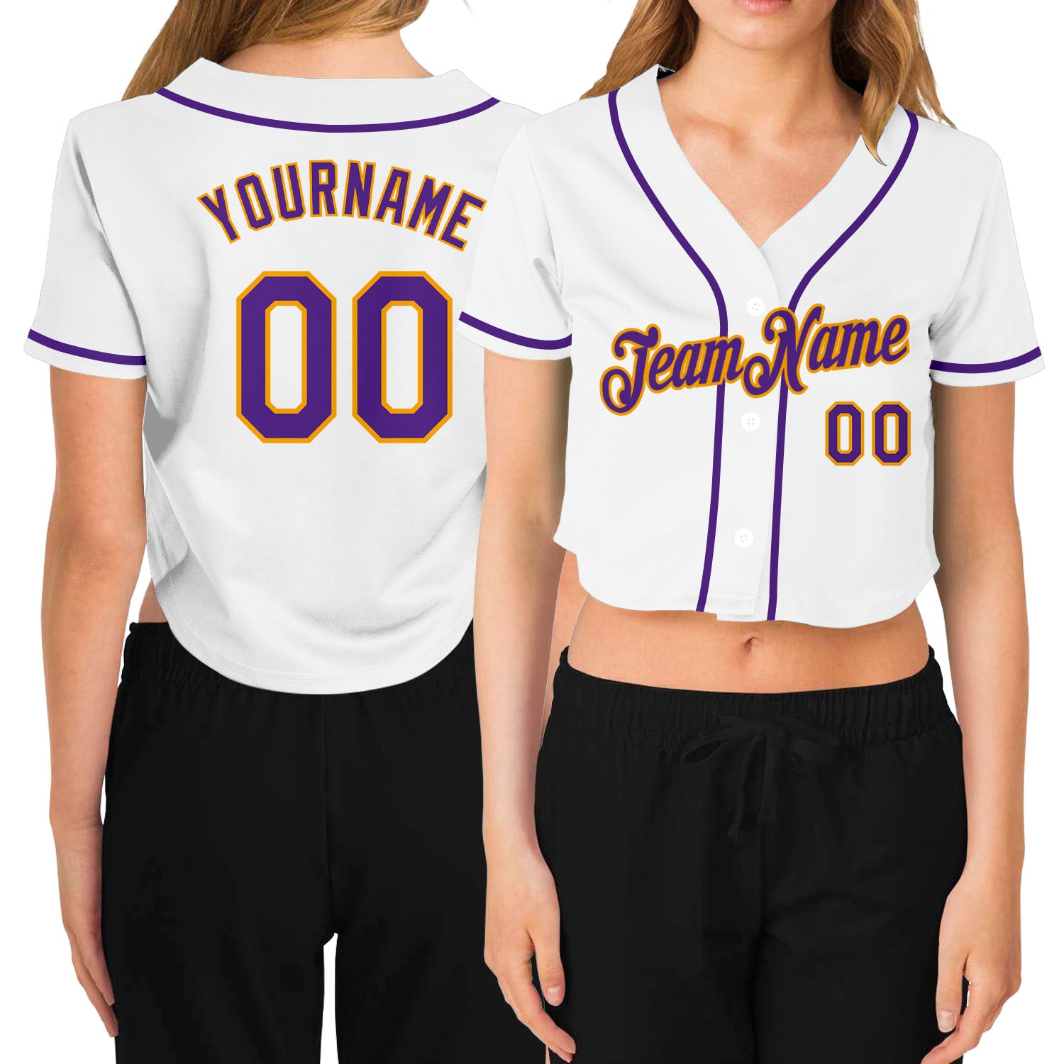 Custom Womens V-Neck Baseball Jersey - White Purple Gold Cropped Style Custom Women's White Purple-Gold V-Neck Cropped Baseball