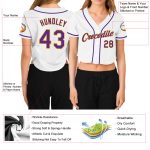 Custom Womens V-Neck Baseball Jersey - White Purple Gold Cropped Style Custom Women's White Purple-Gold V-Neck Cropped Baseball - Image 3