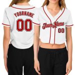 Custom V-Neck Baseball Jersey for Women - White Red Black Cropped Design Custom Women's White Red-Black V-Neck Cropped Baseball