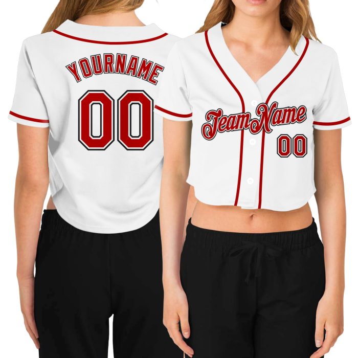 Custom V-Neck Baseball Jersey for Women - White Red Black Cropped Design Custom Women's White Red-Black V-Neck Cropped Baseball - Image 1