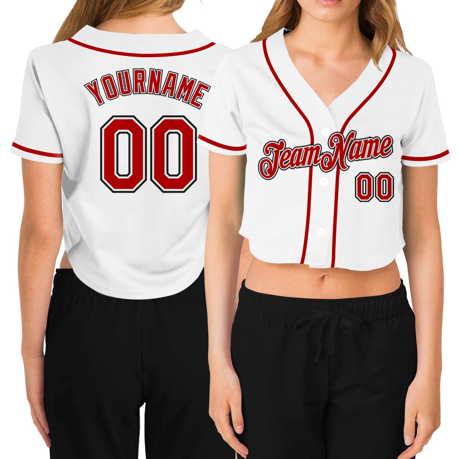 Custom Women's White Red-Black V-Neck Cropped Baseball Jersey Custom V-Neck Baseball Jersey for Women - White Red Black Cropped Design Custom Women's White Red-Black V-Neck Cropped Baseball - Image 1