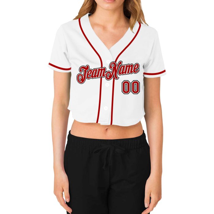 Custom V-Neck Baseball Jersey for Women - White Red Black Cropped Design Custom Women's White Red-Black V-Neck Cropped Baseball - Image 2