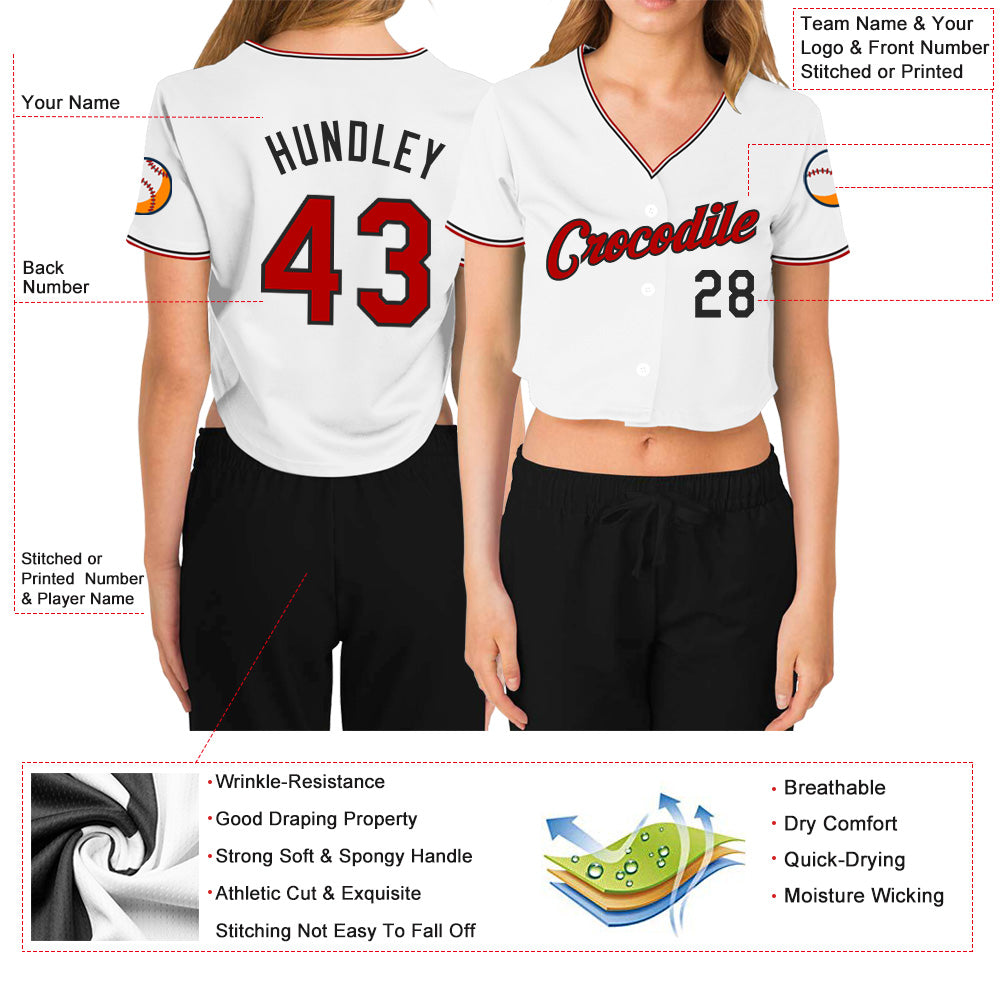 Custom Women's White Red-Black V-Neck Cropped Baseball Jersey Style 4326 Custom Womens V-Neck Cropped Baseball Jersey Red Black White Style 4326 Custom Women's White Red-Black V-Neck Cropped Baseball - Image 3