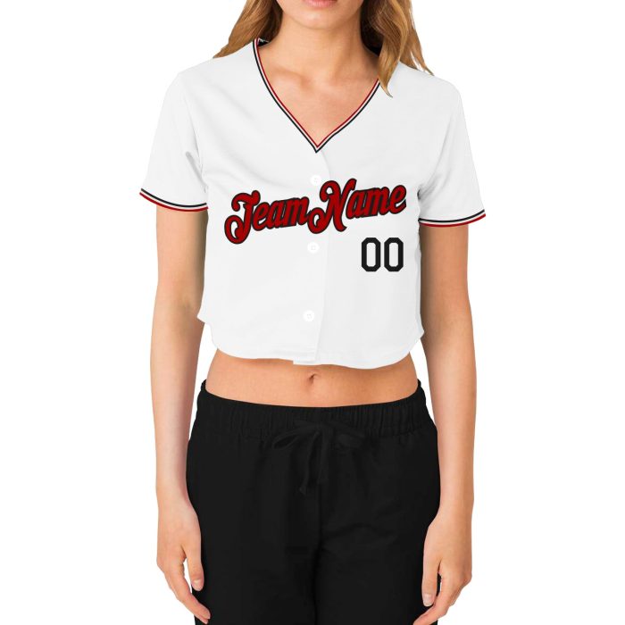 Custom Womens V-Neck Cropped Baseball Jersey Red Black White Style 4326 Custom Women's White Red-Black V-Neck Cropped Baseball - Image 2