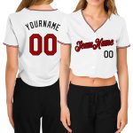 Custom Womens V-Neck Cropped Baseball Jersey Red Black White Style 4326 Custom Women's White Red-Black V-Neck Cropped Baseball
