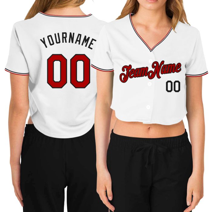 Custom Womens V-Neck Cropped Baseball Jersey Red Black White Style 4326 Custom Women's White Red-Black V-Neck Cropped Baseball - Image 1