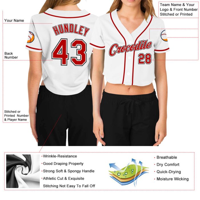 Custom V-Neck Baseball Jersey for Women - White Red Black Cropped Design Custom Women's White Red-Black V-Neck Cropped Baseball - Image 3