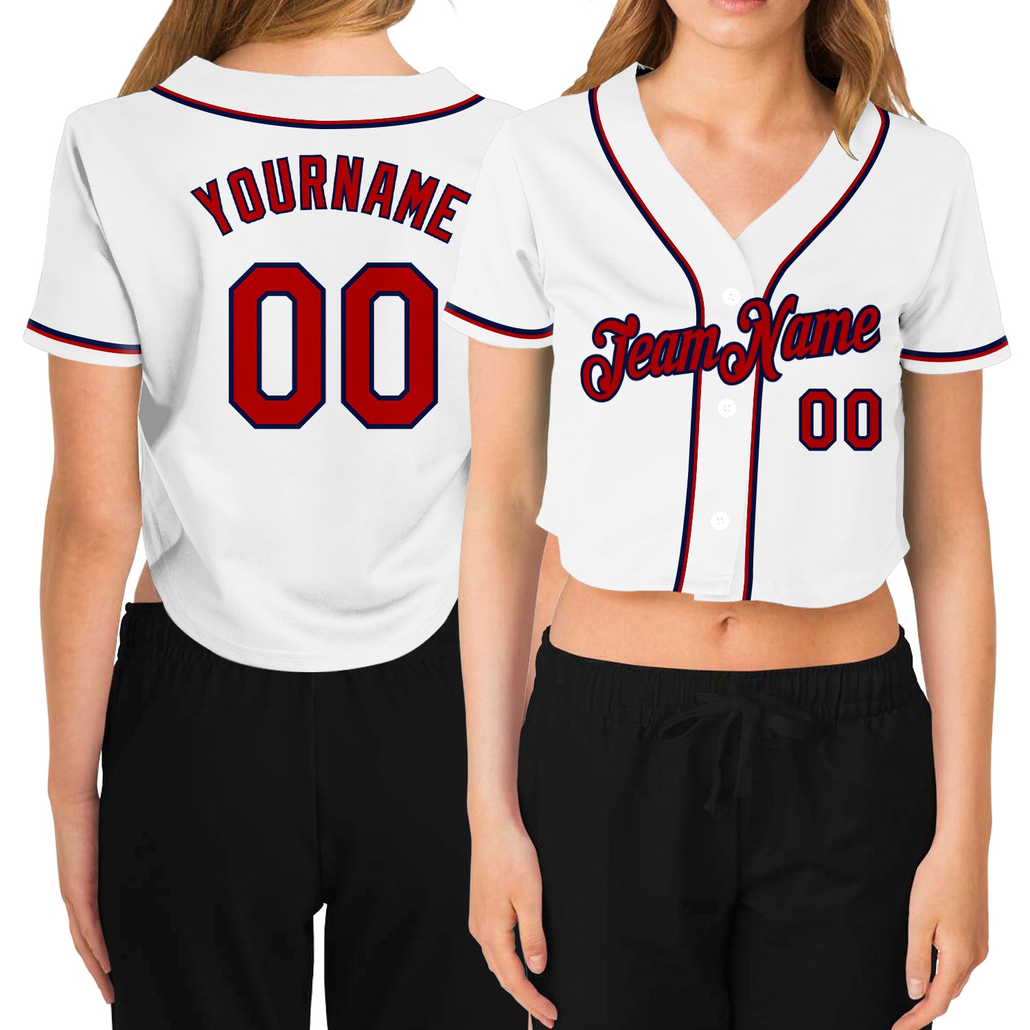 Custom Women's White Red-Navy V-Neck Cropped Baseball Jersey Style 2024 Custom Womens Red Navy V-Neck Cropped Baseball Jersey 2024 - Stylish Sportswear, Perfect for Game Day Custom Women's White - Image 1