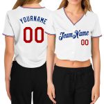Custom Womens V-Neck Cropped Baseball Jersey - White and Red-Royal Design Custom Women's White Red-Royal V-Neck Cropped Baseball
