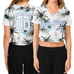 Custom Womens Hawaii Palm Trees 3D V-Neck Cropped Baseball Jersey - White Light Blue Design Custom Women's White White-Light