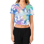 Custom Womens Hawaii Palm Trees 3D V-Neck Cropped Baseball Jersey in White and Light Blue, Style 7550 Custom Women's White - Image 2