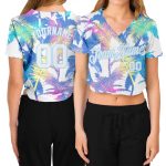 Custom Womens Hawaii Palm Trees 3D V-Neck Cropped Baseball Jersey in White and Light Blue, Style 7550 Custom Women's White