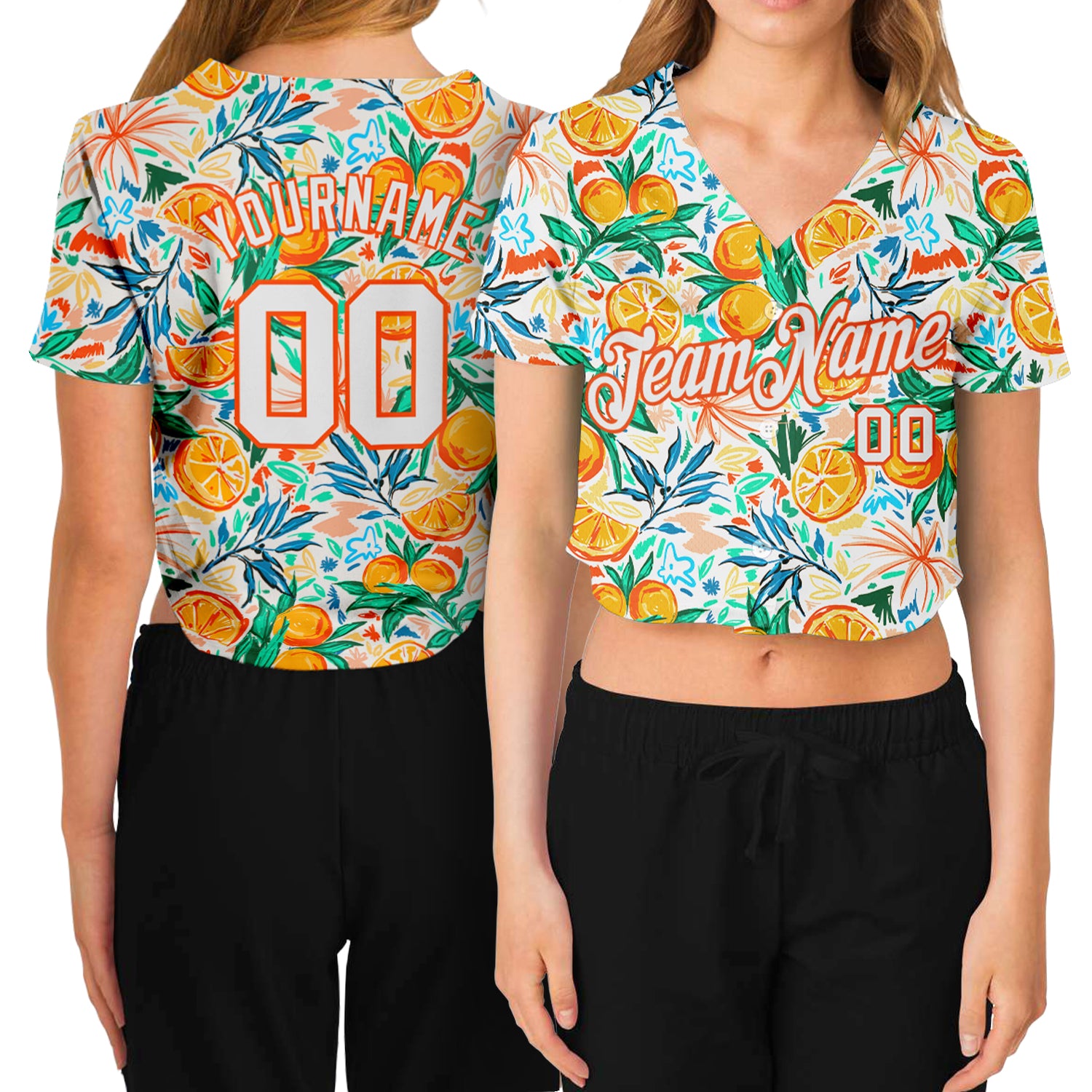 Custom Womens 3D V-Neck Cropped Baseball Jersey - White and Orange Fruits Design Custom Women's White White-Orange Fruits