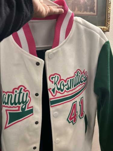 Custom Bomber Jacket White Pink Kelly Green Two Tone Full-Snap Varsity Letterman Custom White Pink-Kelly Green Bomber Full-Snap photo review