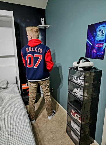 Custom Navy Red White Two Tone Varsity Letterman Bomber Jacket Full-Snap Custom Navy Red-White Bomber Full-Snap Varsity Letterman photo review