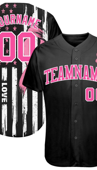 3D American Flag Pink Ribbon Breast Cancer Awareness Jersey for Women - Personalized Health Care Support Baseball Jersey