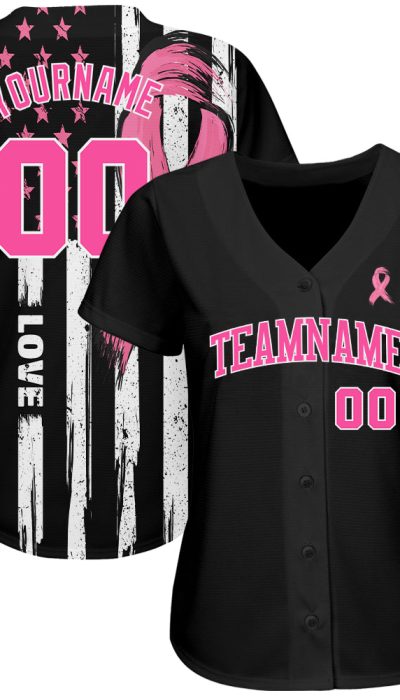 3D American Flag Pink Ribbon Breast Cancer Awareness Jersey for Women - Personalized Health Care Support Baseball Jersey - Image 2