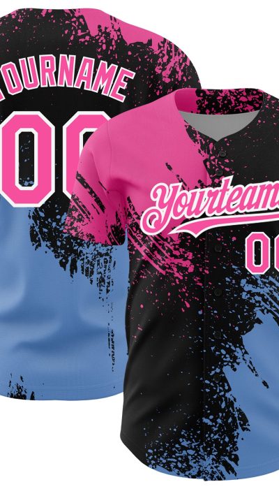 3D Abstract Brush Stroke Personalized Baseball Jersey Black Pink-Light Blue Personalized Black Pink-Light Blue 3D Abstract